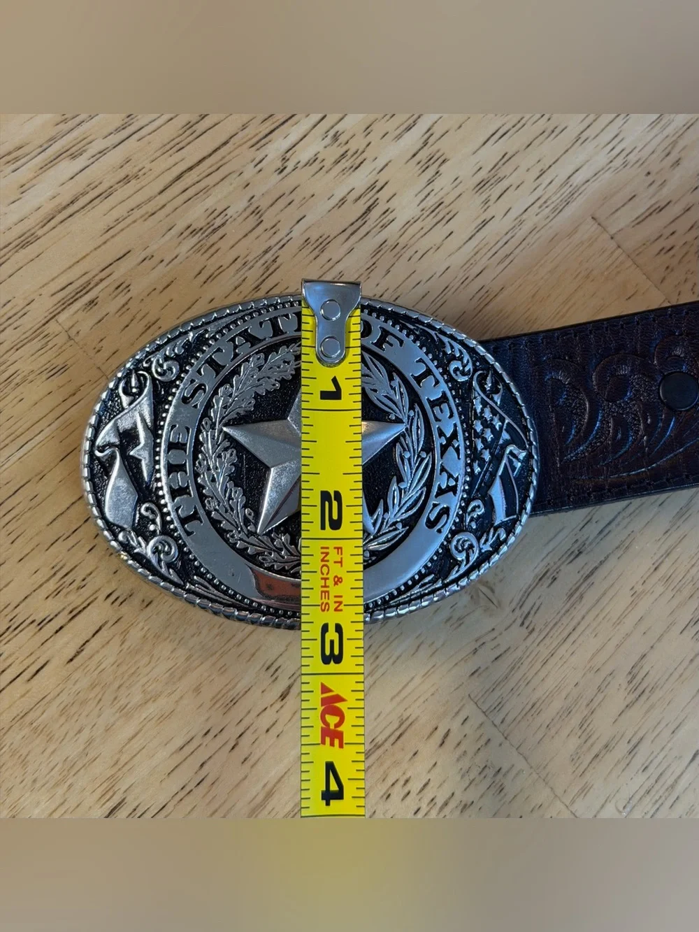 Justin USA Top Grain Cowhide Tooled Leather Belt Texas Seal Buckle Sz 34